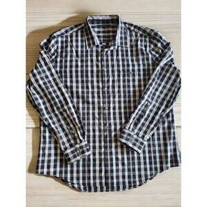 Perry Ellis Top Mens XXL Long‎ Sleeve Button Up Black Beige Plaid Cotton *READ*